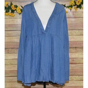 Hannah Tencel Chambray Blouse Top Long Bell Sleeve V-Neck Peplum Hem Plus 1X